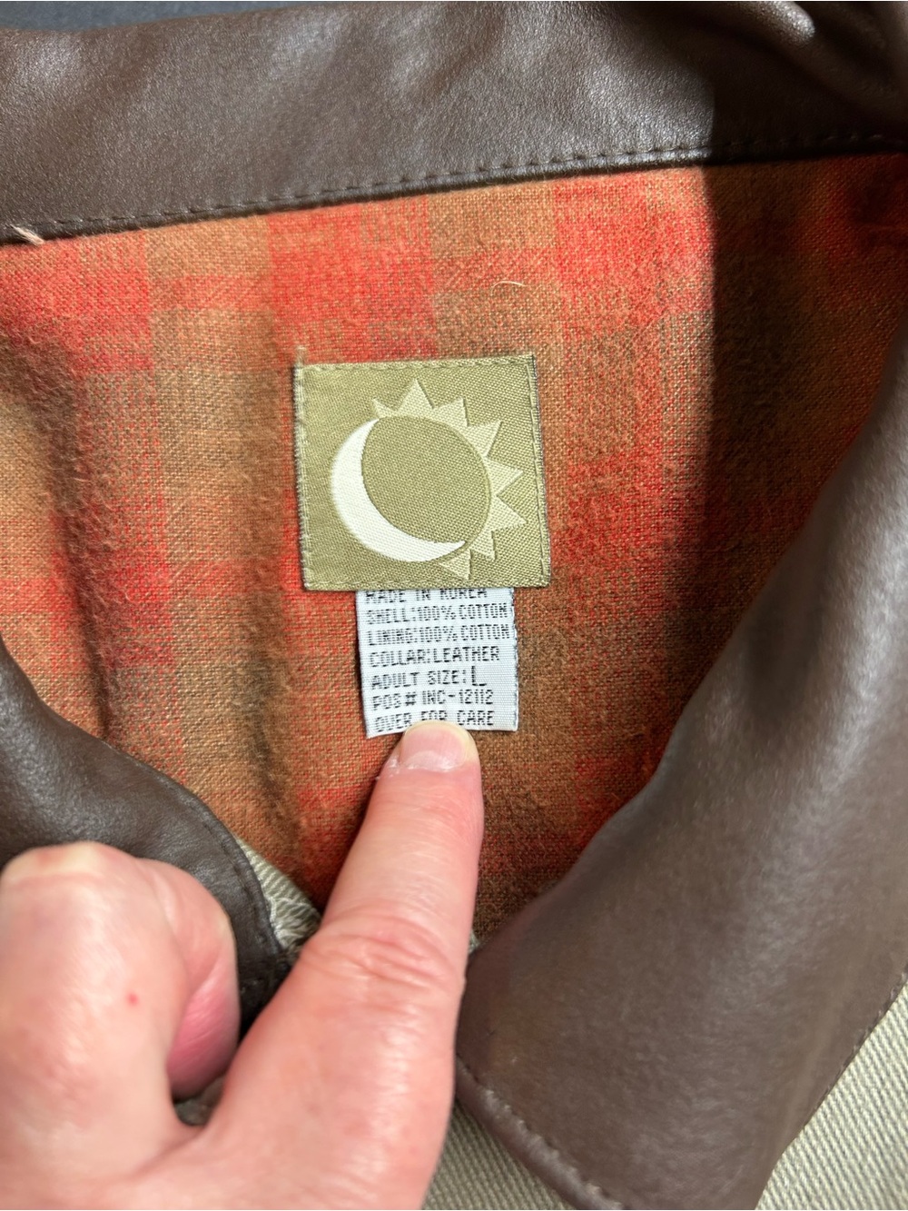 Men's Tan Workwear Jacket with Brown Leather Collar and Plaid Cotton Lining - Picture 2 of 8